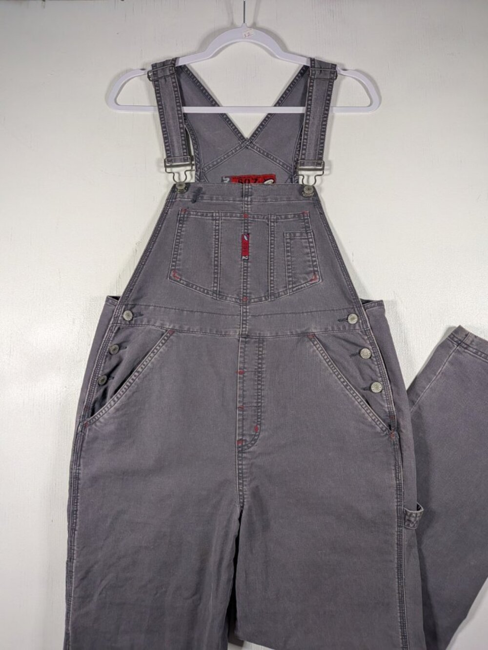 Vintage 90s Squeeze SQZ Carpenter Overalls Womens M Gray Red Stitch Bib